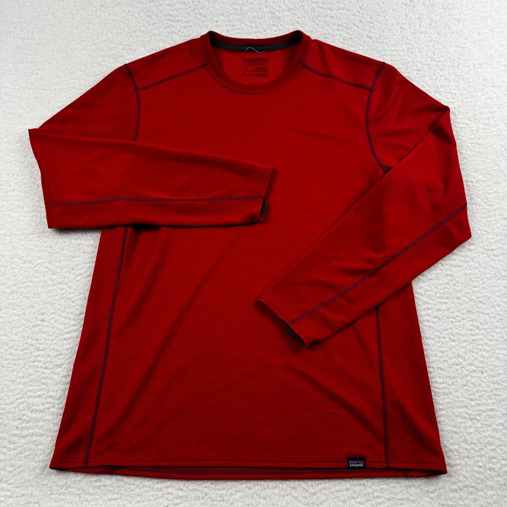 Patagonia Capilene Midweight T Shirt Mens L Red Crew Polartec Layer Long Sleeve